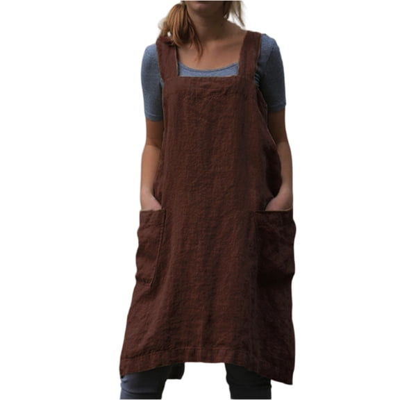 Women's Pinafore Square Apron Baking Cooking Gardening Works Cross Back Cotton/Linen Blend Dress with 2 Pockets,Brown S