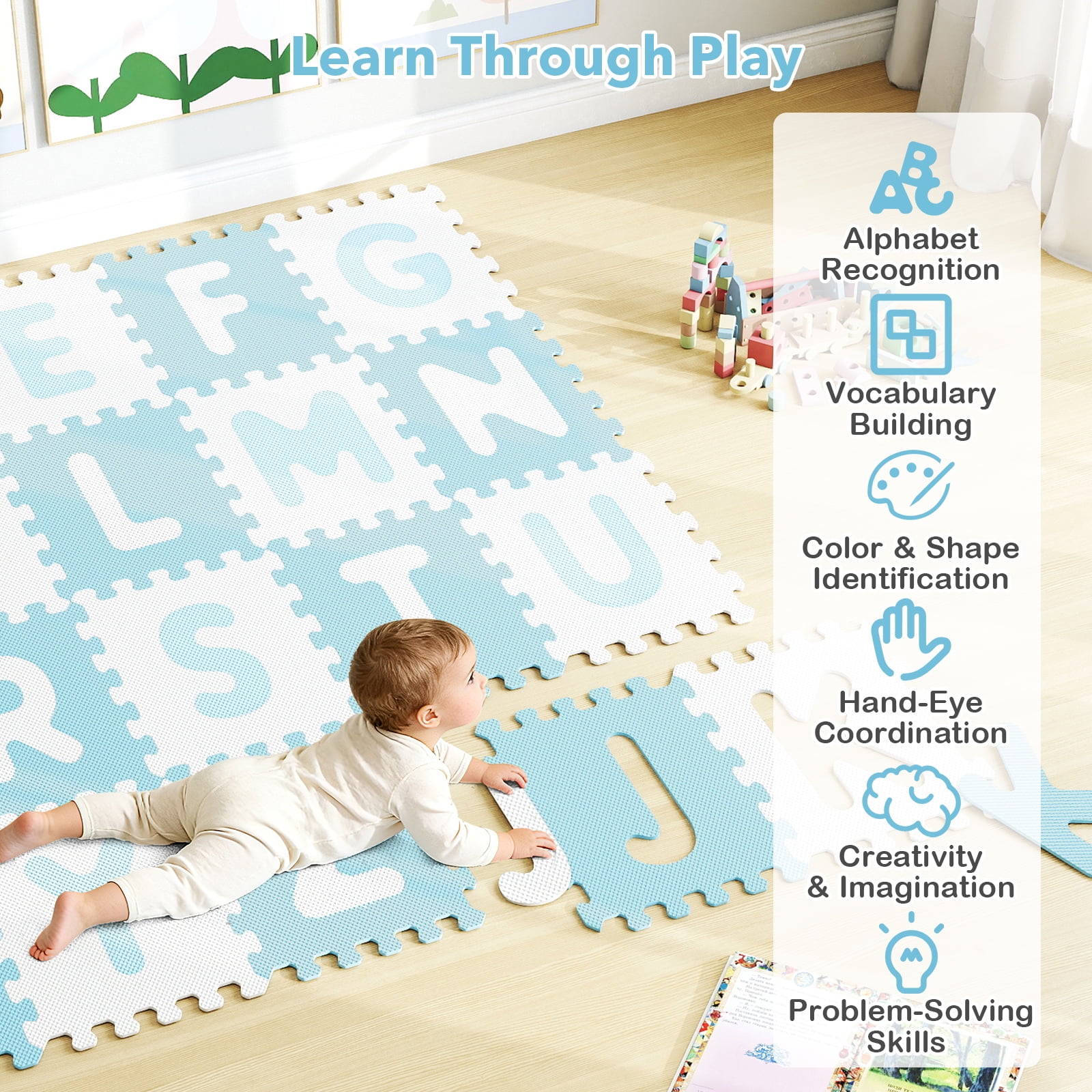 Gymax 26 PCS 12 5'' x 12 5'' Interlocking ABC Play Mats w/Detachable Letters for Kids Blue & White