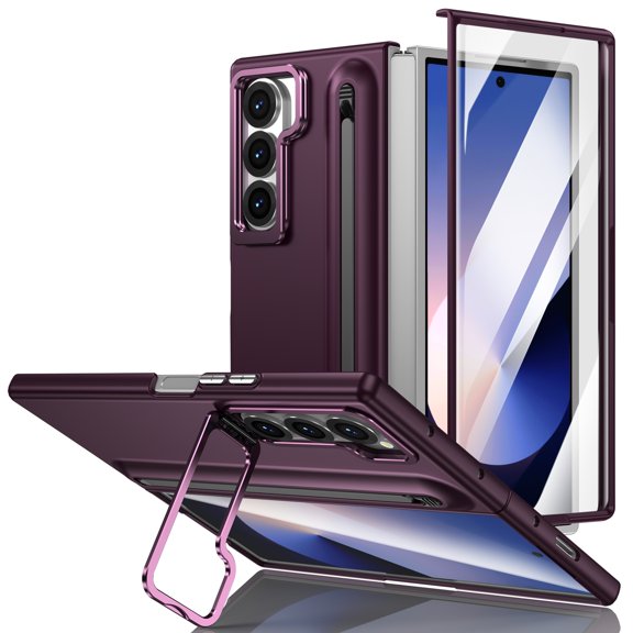 ELEHOLD Case for Samsung Galaxy Z Fold 6, Full-Body Camera Ring Stand Case with Built-in Screen Protector & Stylus,Winered
