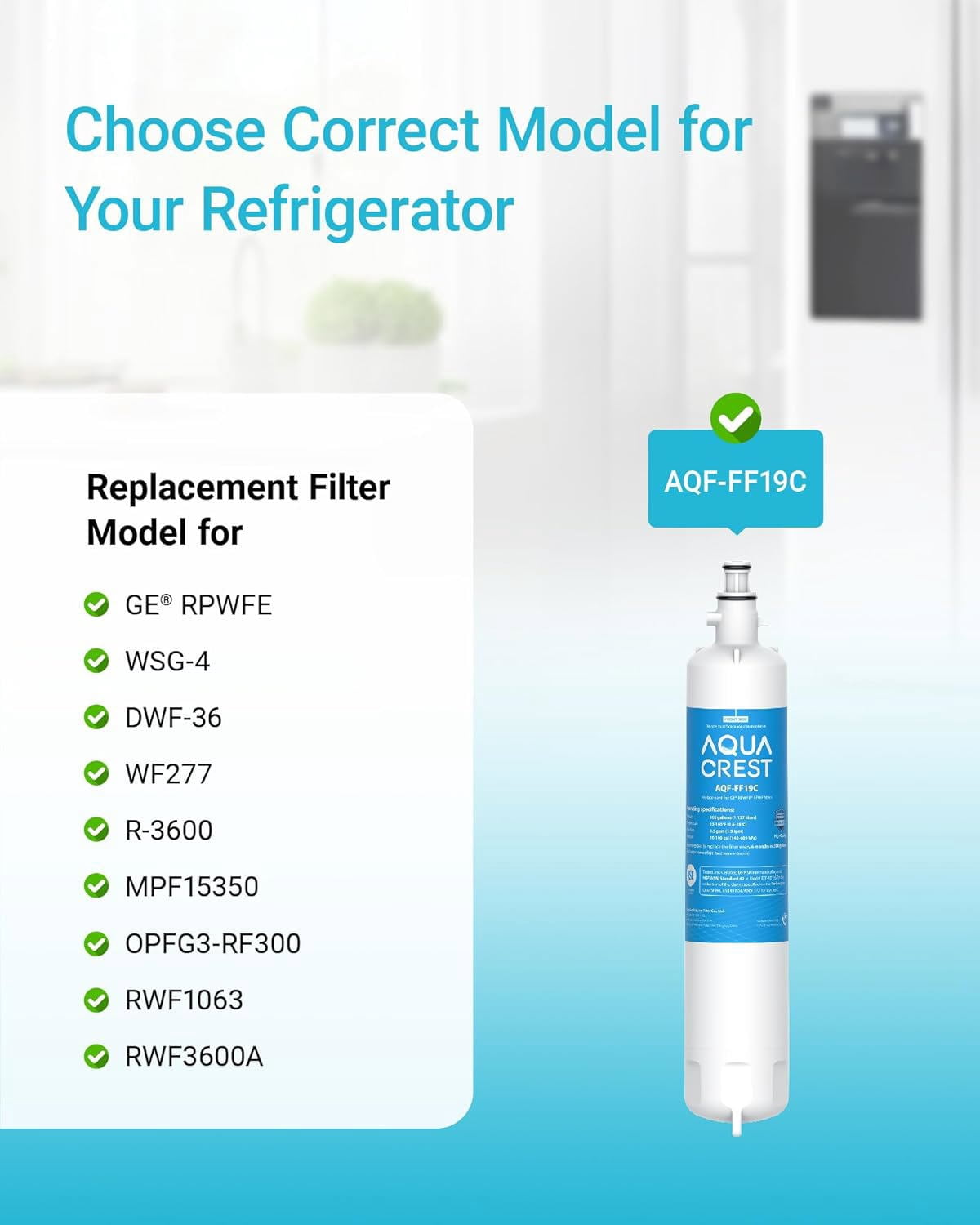 AQUA CREST FF19C Replacement for GE® RPWFE®, RPWF (with CHIP) Refrigerator Water Filter, Compatible with GYE22HMKES, GYS22GMNES, GYE22HBLTS, DFE28JSKSS, GFE28HMHES, GNE29GYNFS, 4 Filters
