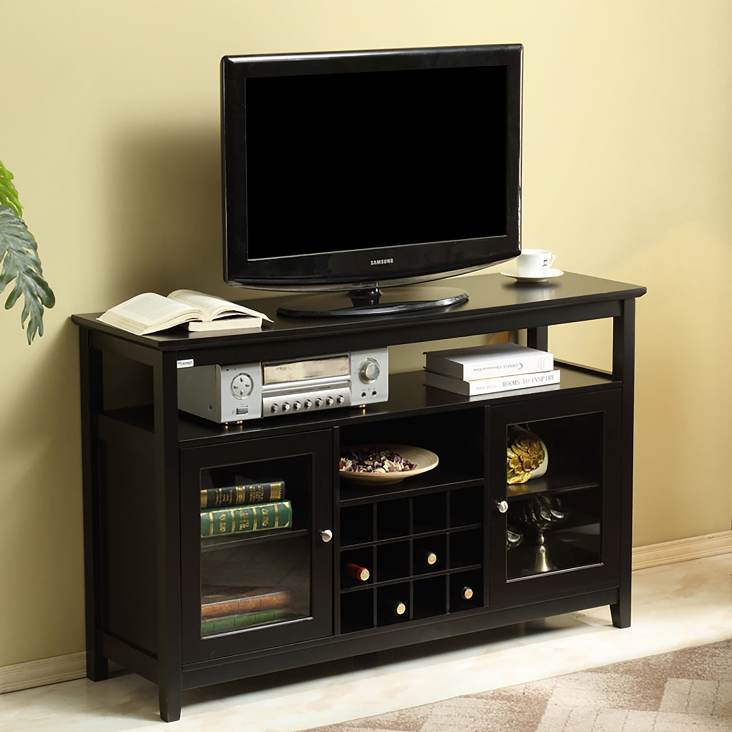 Resenkos 52" Black Sideboard Buffet Cabinet with Wine Rack, 2 Glass Doors Wine Storage Entertainment Center for up to 58 inches TV
