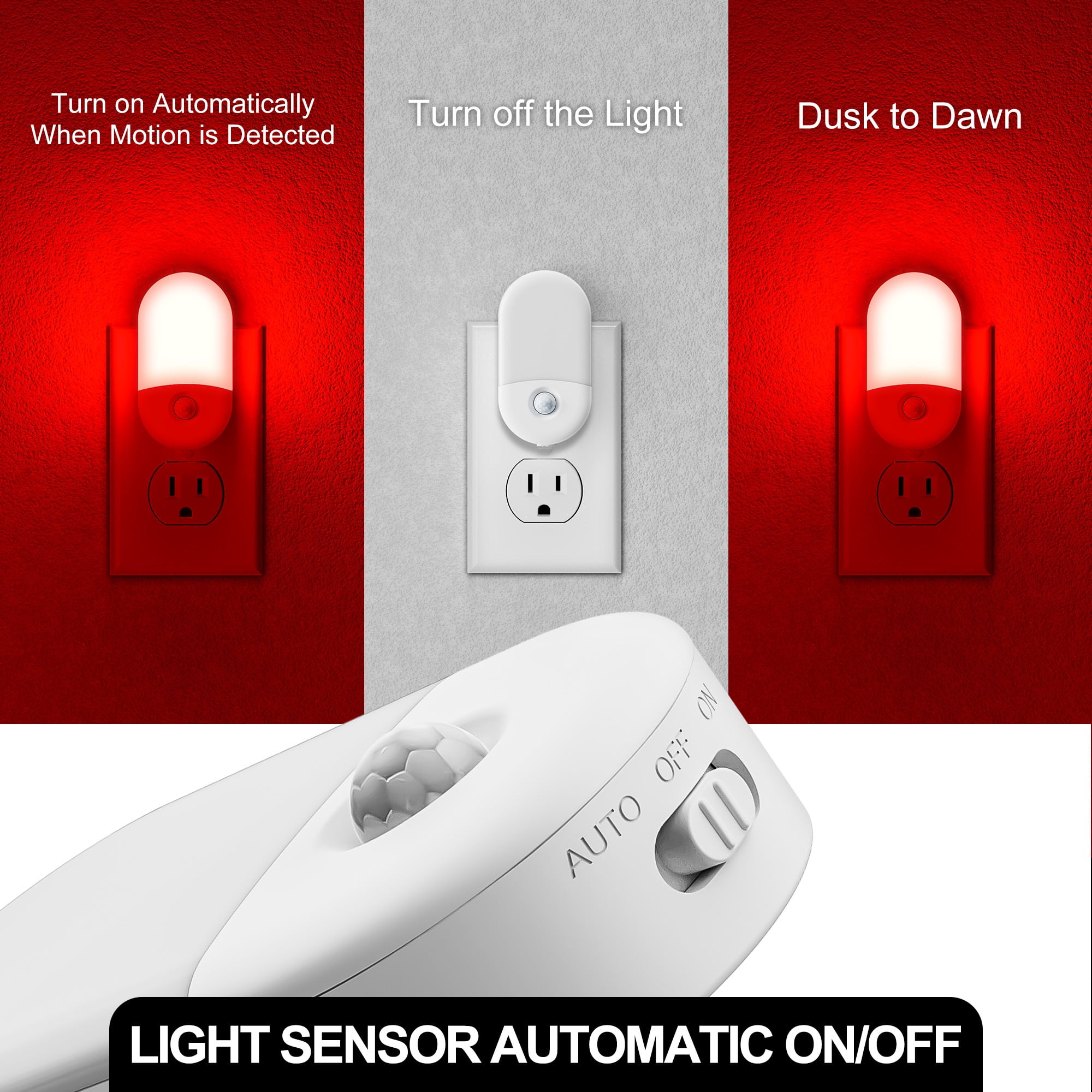 LED Red Motion Sensor Night Light Plug-In, Dual-Level Dimming Red Light for Kids, Hallway, Holiday or Christmas Décor (2-Pack)