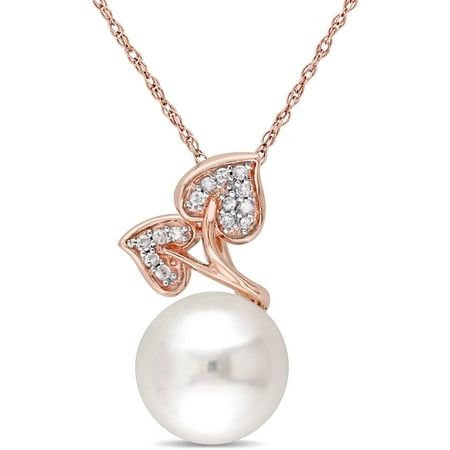 Miabella 9.5-10mm White Round Cultured Freshwater Pearl and Diamond-Accent 10kt Rose Gold Floral Pendant, 17
