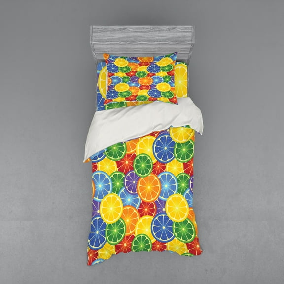 Ambesonne Abstract Bedding Set 3 Pcs, Tropic Orange Fruit, Twin, Yellow Blue Green