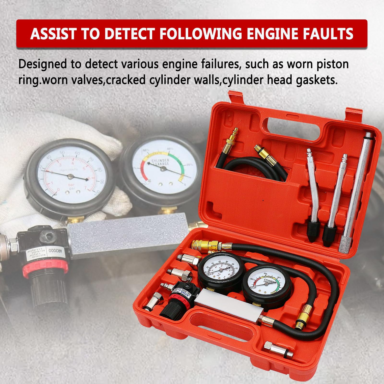 Cylinder Leak Down Tester Kit,Automotive Engine Pressure Gauges Compression Test Leakage Detector Tool Set - Light Red (TU-21)，Brass