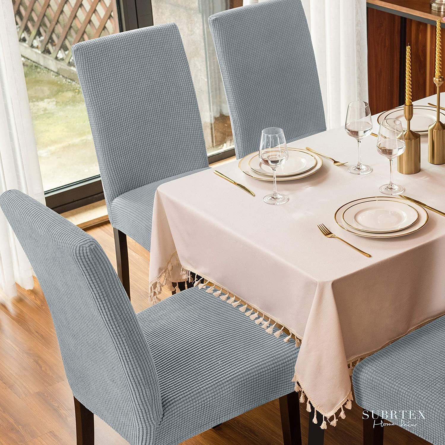 Subrtex Stretch Textured Grid Dining Chair Slipcover (Set of 2, Light Gray)