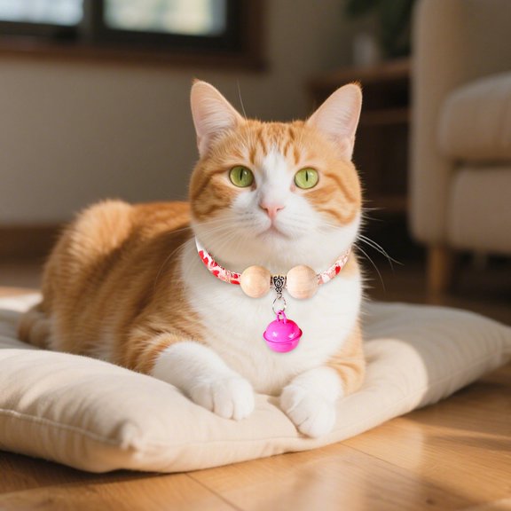 Cedar Bead Pet Collar for Cats Dogs Adjustable Fabric Collar with Bell Durable Chew Proof for Indoor Outdoor Use 13.8 Inch