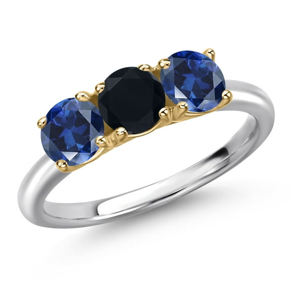 Gem Stone King 10K Two Tone Gold Black Onyx and Blue Created Sapphire Engagement Ring for Women | 1.68 Cttw | Round 5MM | Gemstone December Birthstone | Size 7