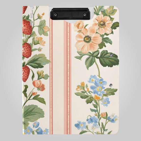 Strawberries Florals Vines Stripes Retro Foldable Binder Folder Clipboard with Pen Slot Double Clips A4 Size File Storage