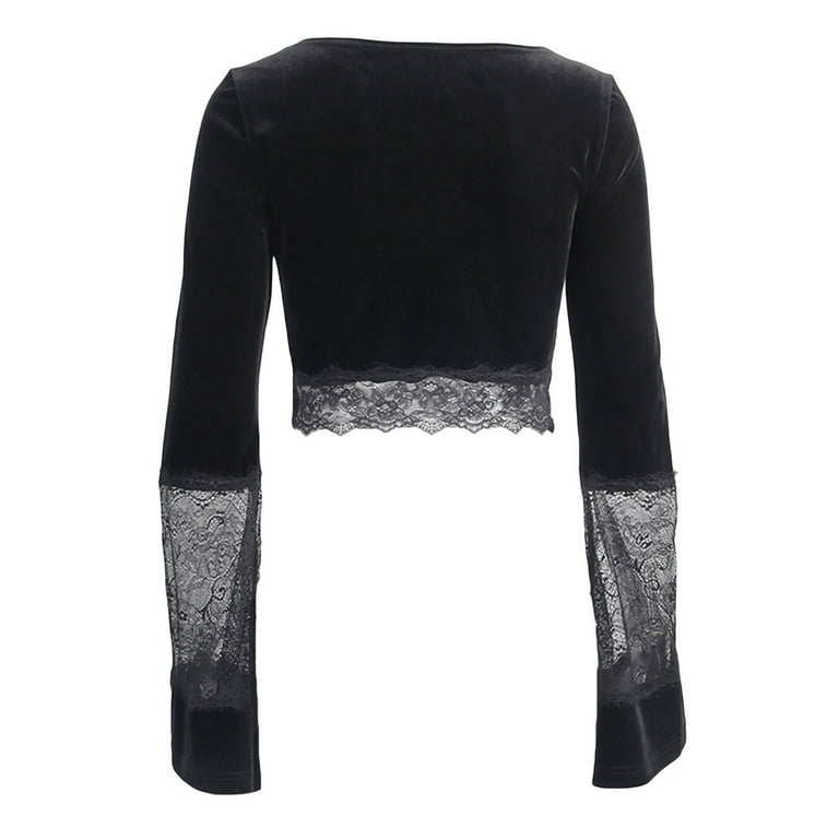 Nokiwiqis Female Crop Tops, Solid Color Lace Trim V-Neck Long Flare Sleeve  Low-Cut Blouse 