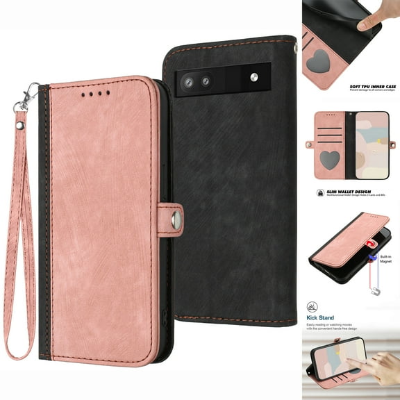 Nalacover Case for Google Pixel 6A Wallet Case with Detachable Wrist Strap Handbag Luxury PU Leather Flip Case, Magnetic Soft TPU Shockproof Protective Cover with Kickstand Card Slots Case,Pink