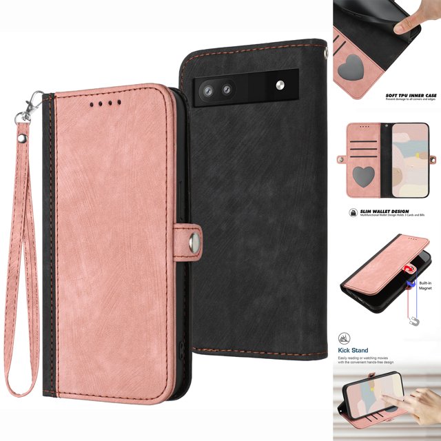 for Google Pixel 6A Wallet Case with Detachable Wrist Strap Handbag, Luxury PU Leather Flip Soft TPU Built-in Magnetic Card Slots Kickstand Function Shockproof Protective Cover Case,Red