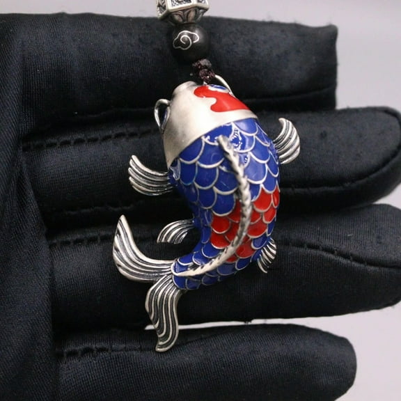 K-KED Pure 999 Fine Silver Men Women Lucky Hollow Enamel Red Blue Fish Pendant 18.8g