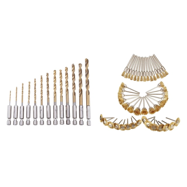 13Pc HSS Titanium Coated Drill Bit Set with 1/4Inch Hex & 45Pcs Copper Wire Brush Wheel Sanding Accessories