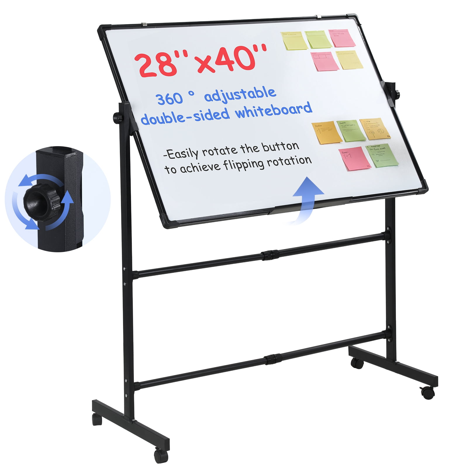 Rolling Dry Erase Board, 40 x 28 Inch Large Magnetic Mobile Standing Whiteboard, Height Adjustable Double Sided Easel Style White Board with Stand for Office, Classroom & Home