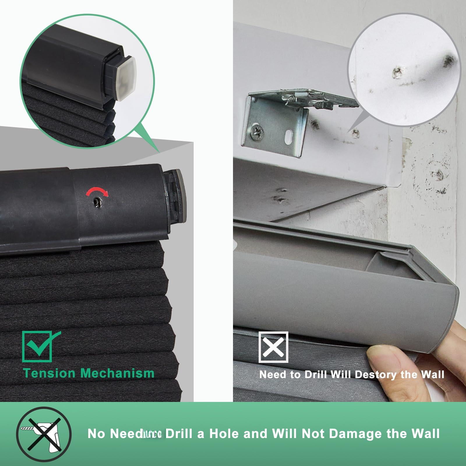 No Drill Cellular Shades For Indoor Windows  Thermal Insulating & Noise Reducing Honeycomb Blinds Free Stop Cordless Blackout Black 18 1/2" W X 64" H