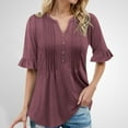 thumbnail image 2 of MIXUE Boho Tops For Women Summer Solid Color V Neck Button Short Sleeve Fashion Loose Casual Pleated Tshirts Outwear,Purple,L, 2 of 6