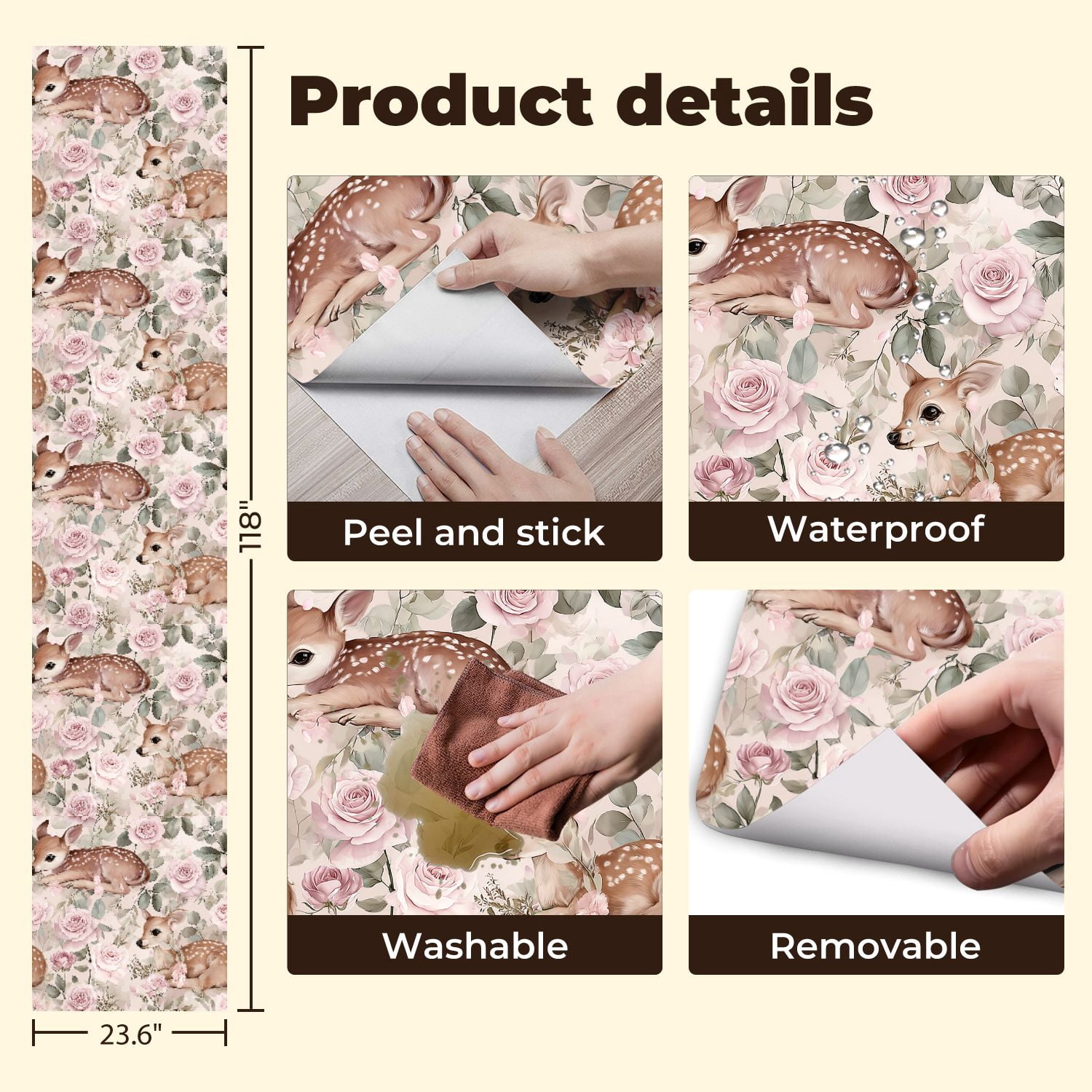 Farmhouse Peel and Stick Wallpaper 23.6in x 9.8ft Baby Deer Fawn Floral Seamless Pastel Pink Contact Paper Vinyl Waterproof Self Adhesive Wall Paper for Bedroom Shelf Cabinet Renter Friendly