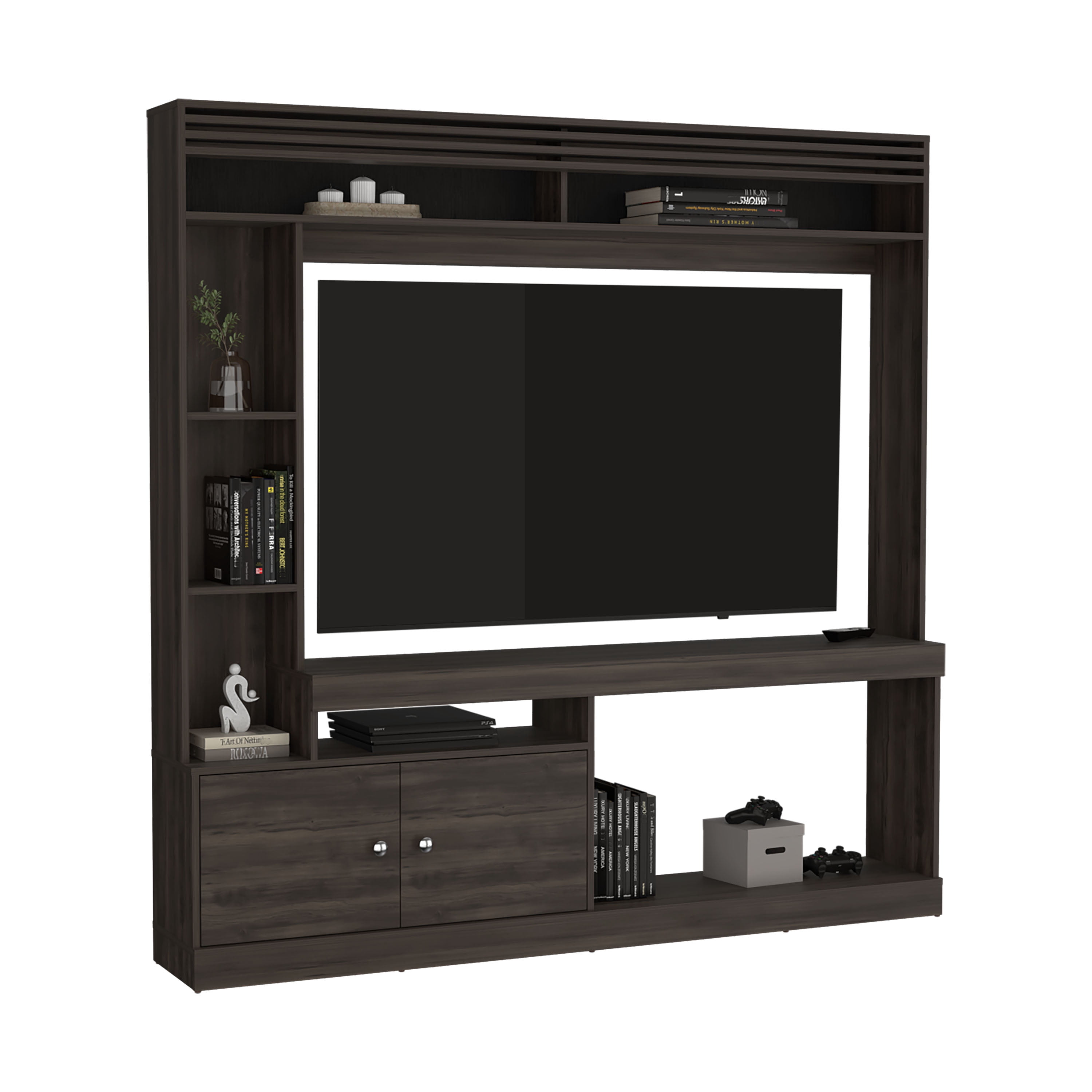 LiviNest Entertainment Center TV Stand: 65 Inch Media Console with 2 Doors & 7 Shelves - Modern Walnut Finish Storage Unit for Home Office & Living Room Organization