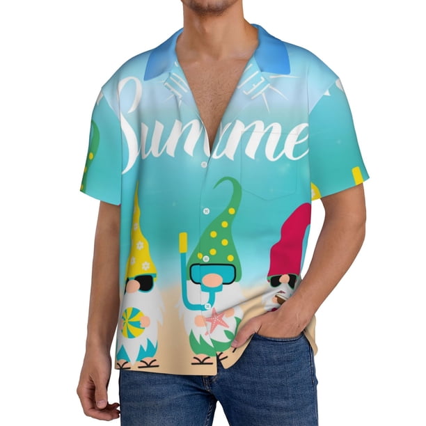 Balery Hello Summer Gnome 1 Camisa Casual de Manga Corta con Botones para Hombre, Texturizada, Estilo Cubano, para Playa, Verano-X-Large