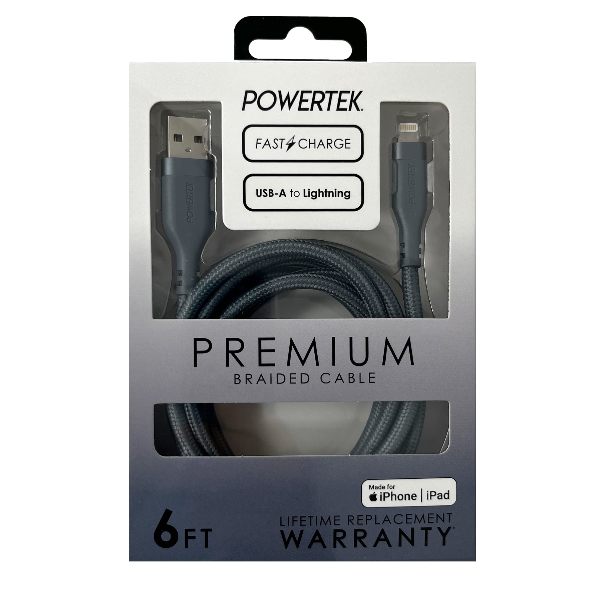 Liquipel Powertek Premium Braided USB-A to Lightning Cable - Grey