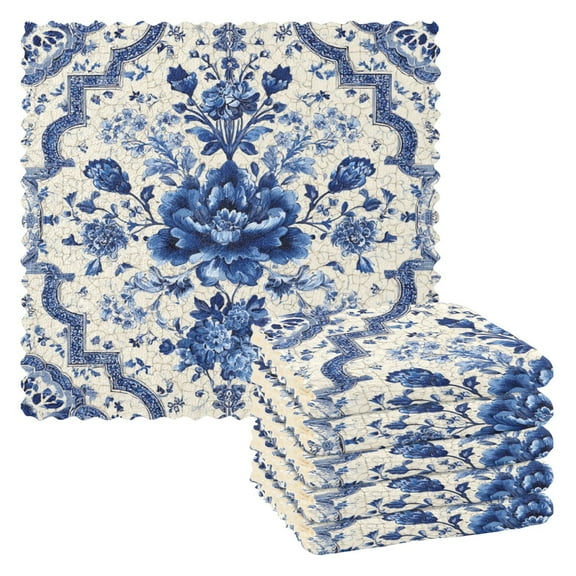 6PCS Dish Towels and Dish Cloths Reuseable Dishcloths Sets for Washing Dishes, Cooking, Baking Size 11" x 11" Blue and White Porcelain-style