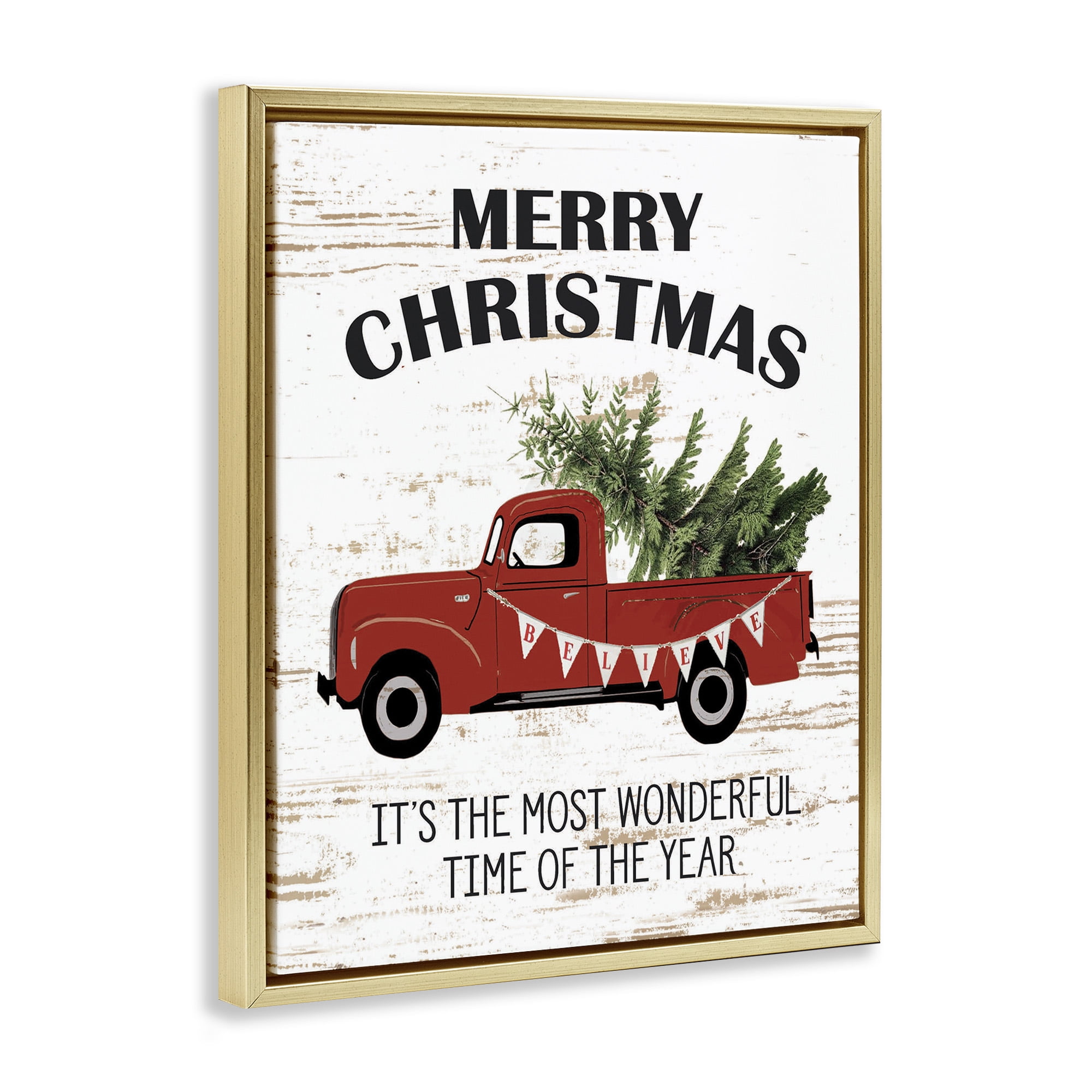 Stupell Industries Christmas Most Wonderful Time Vintage Truck Holiday Painting Gold Floater Framed Canvas Art Print Wall Art, 25 x 31