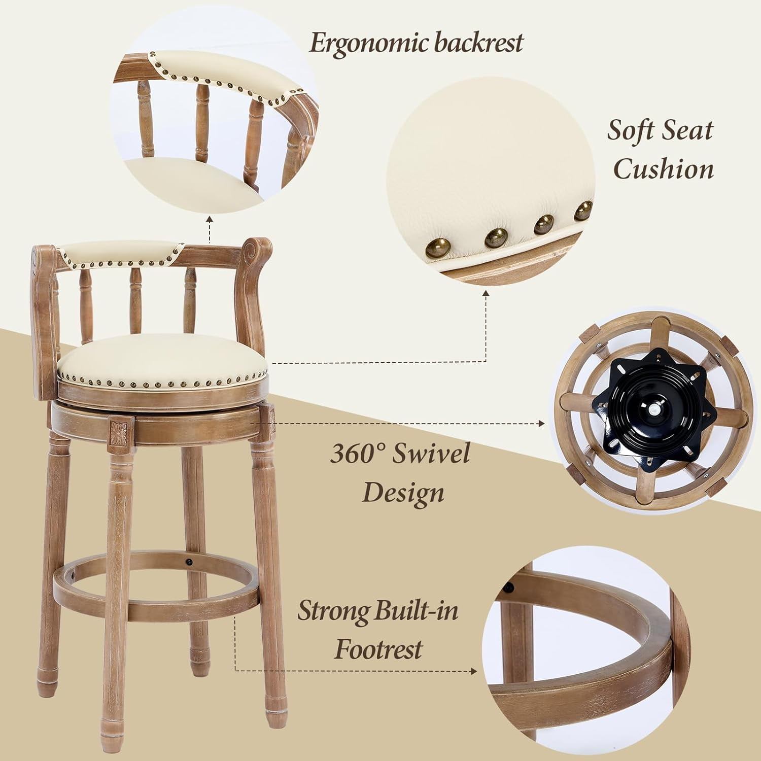 Aulife Bar Stools Genuine Leather Counter Height barstool Wooden Swivel kitchen Stool with Footrest for Kitchen Dining Room
