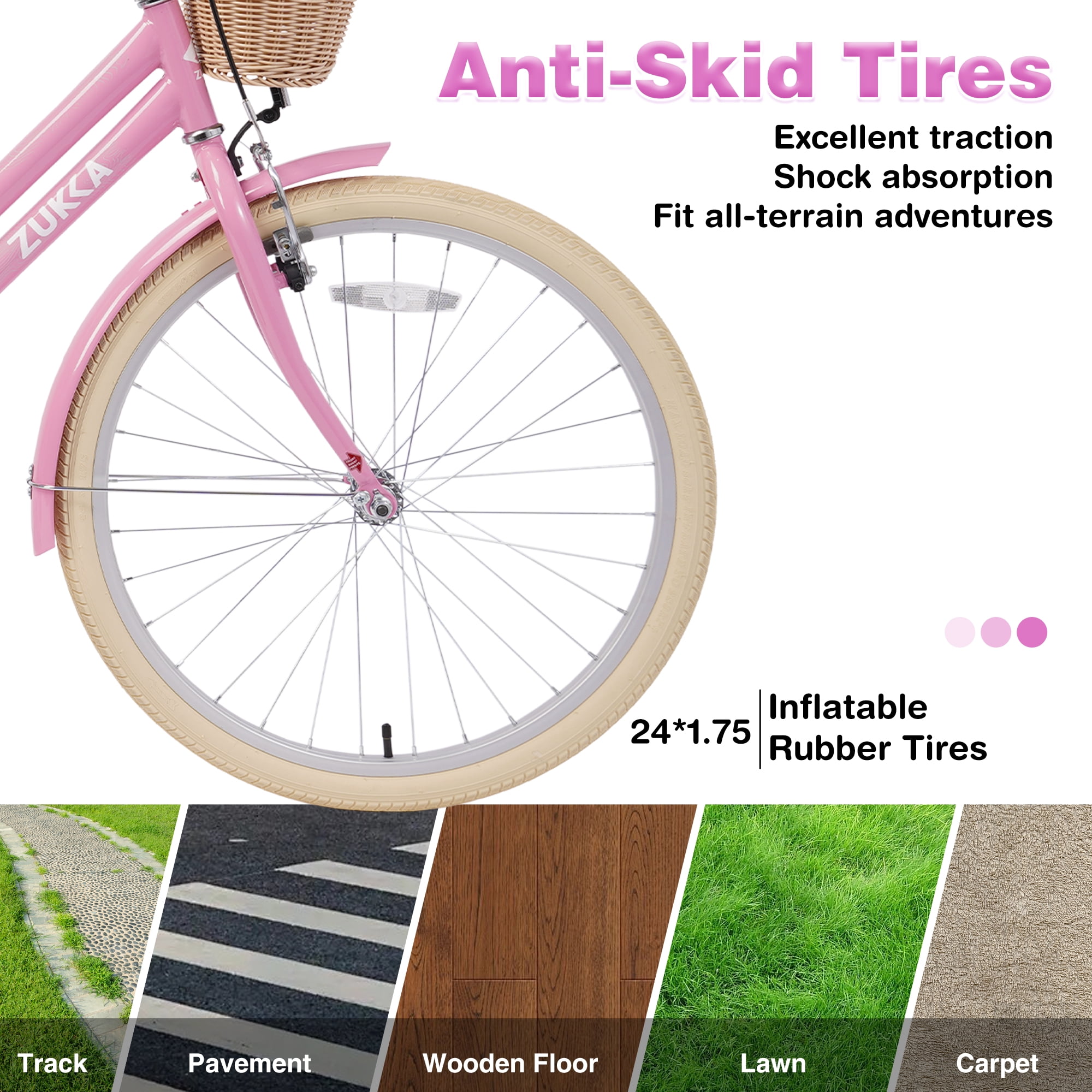 Aukfa 24" Girls Bike with Basket, Cruiser Bike Children's Bicycle for 10+ Years Old Kids, Light Pink