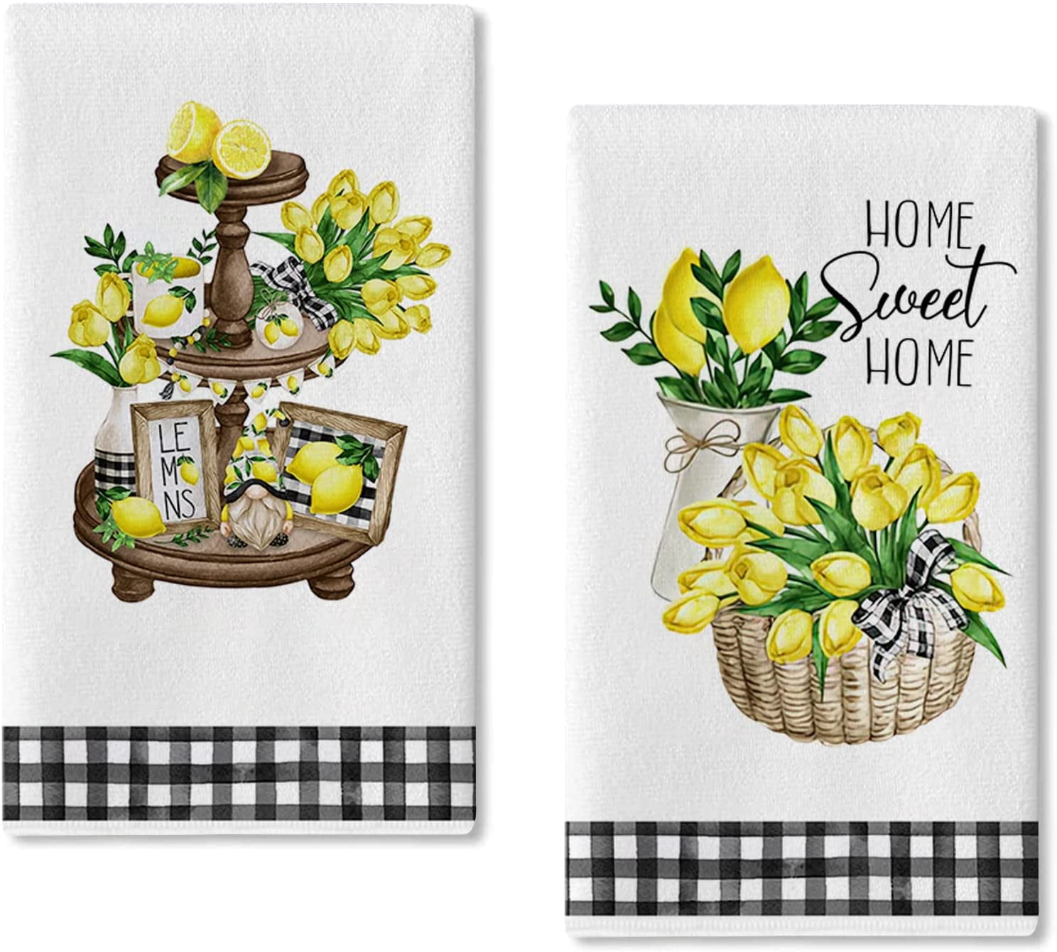 SPXUBZ Kitchen Towels, Black and White Buffalo Plaid Yellow Lemon Tulip