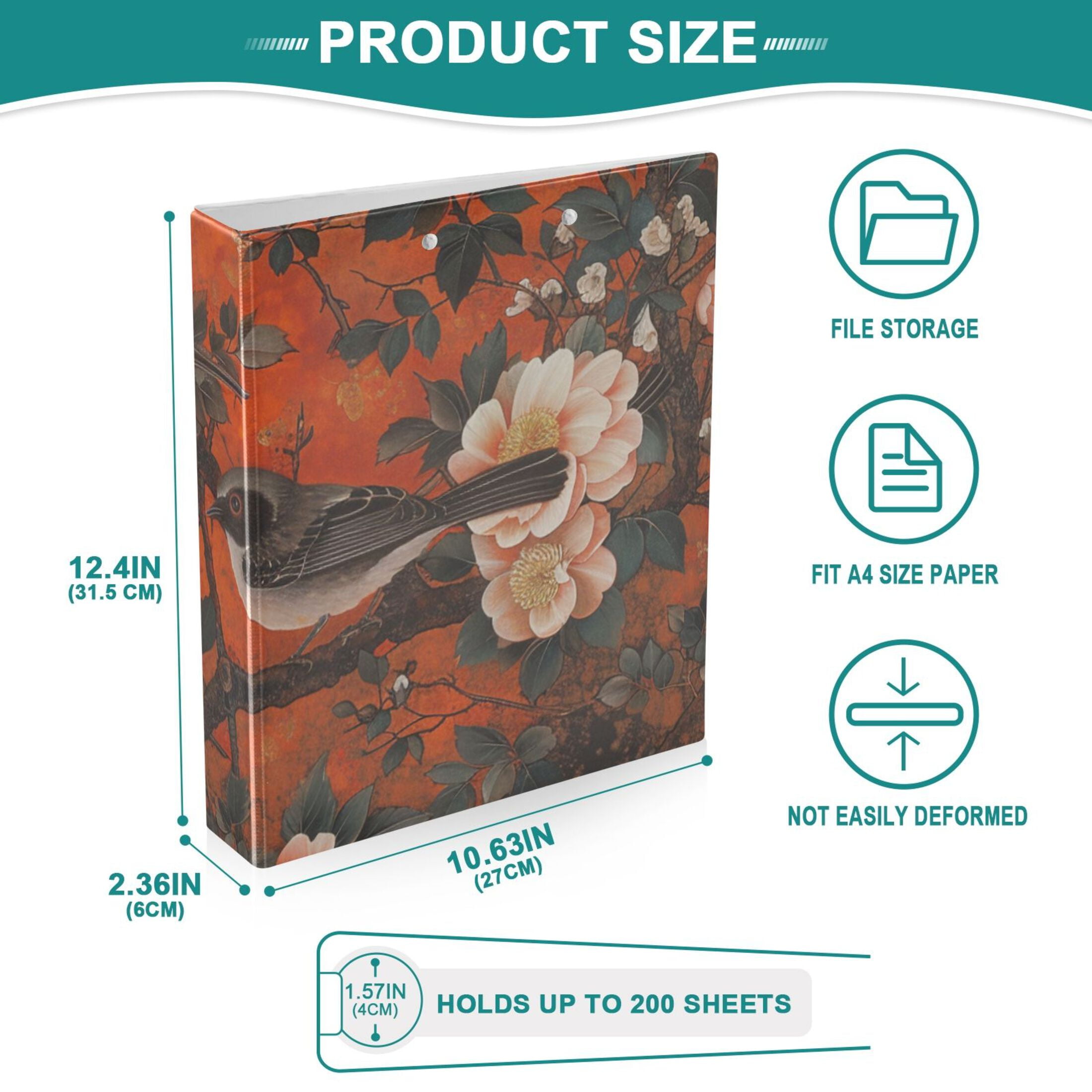 Flowers with Birds 3 Ring Binders 1.5 inch Hardcover File Folders with Interior Pockets A4 Size Organizer for School Office Hospital Set of 2