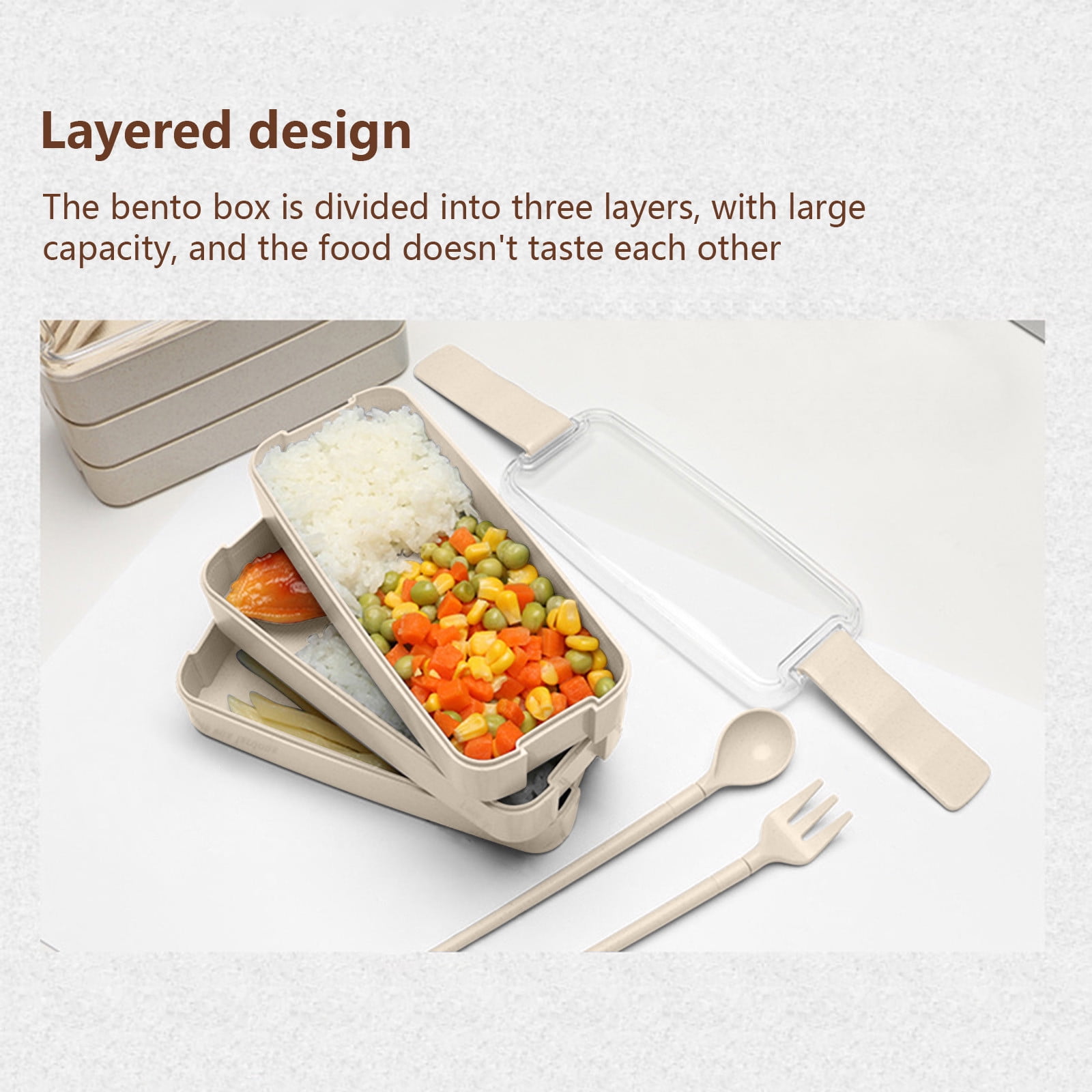 SuoKom Stackable Bento Box,Lunch Box Kit With Spoon & Fork, 3-In-1 Compartment Whea-t Straw Meal Prep Containers,Leakproof Eco-Friendly Stackable Bento Lunch Box Meal