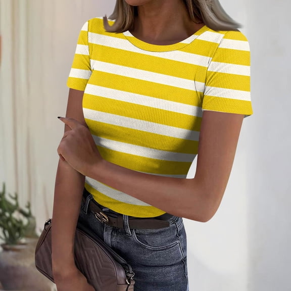 Dwralegc Womens-Plus Basic Dressy Ribbed Summer Shirts Slim Fit Fitted Striped Graphic Outfits Trendy Crew Neck Shirt Yellow L