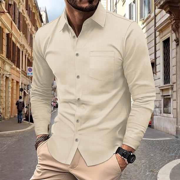 pstuiky Camisas casuales de manga larga para hombre, Camisa informal de manga larga con botones, cuello vuelto, color liso, con solapa a rayas y bolsillo para hombre m