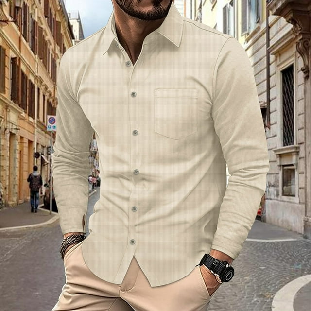 pstuiky Camisas casuales de manga larga para hombre, Camisa informal de manga larga con botones, cuello vuelto, color liso, con solapa a rayas y bolsillo para hombre m