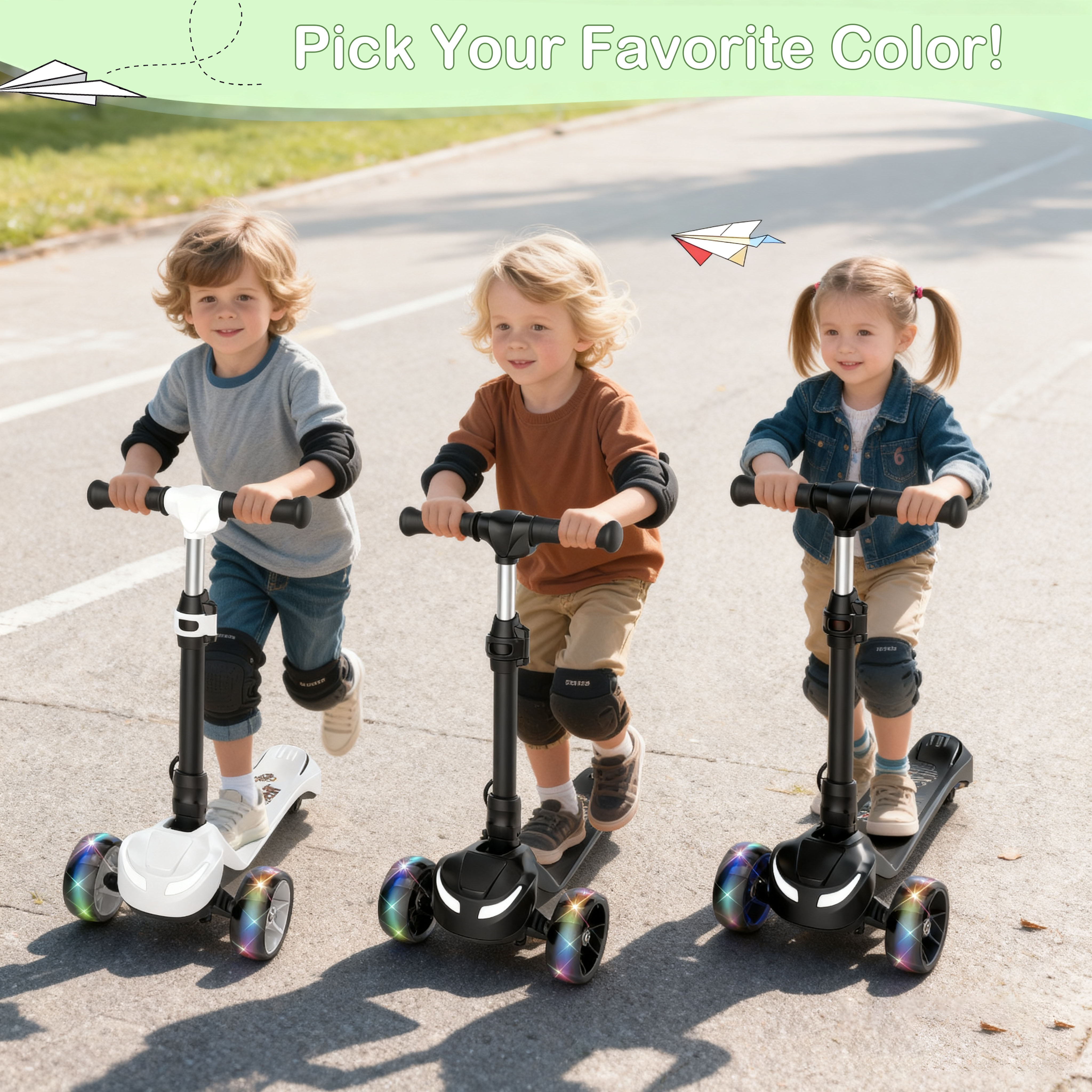 Electric Scooter for Kids Age 3-6, Light-Up Pole & Pedal Foldable Kid Escooter, 5 Mph Max 3-Wheel Electric Ride On Toys (White)