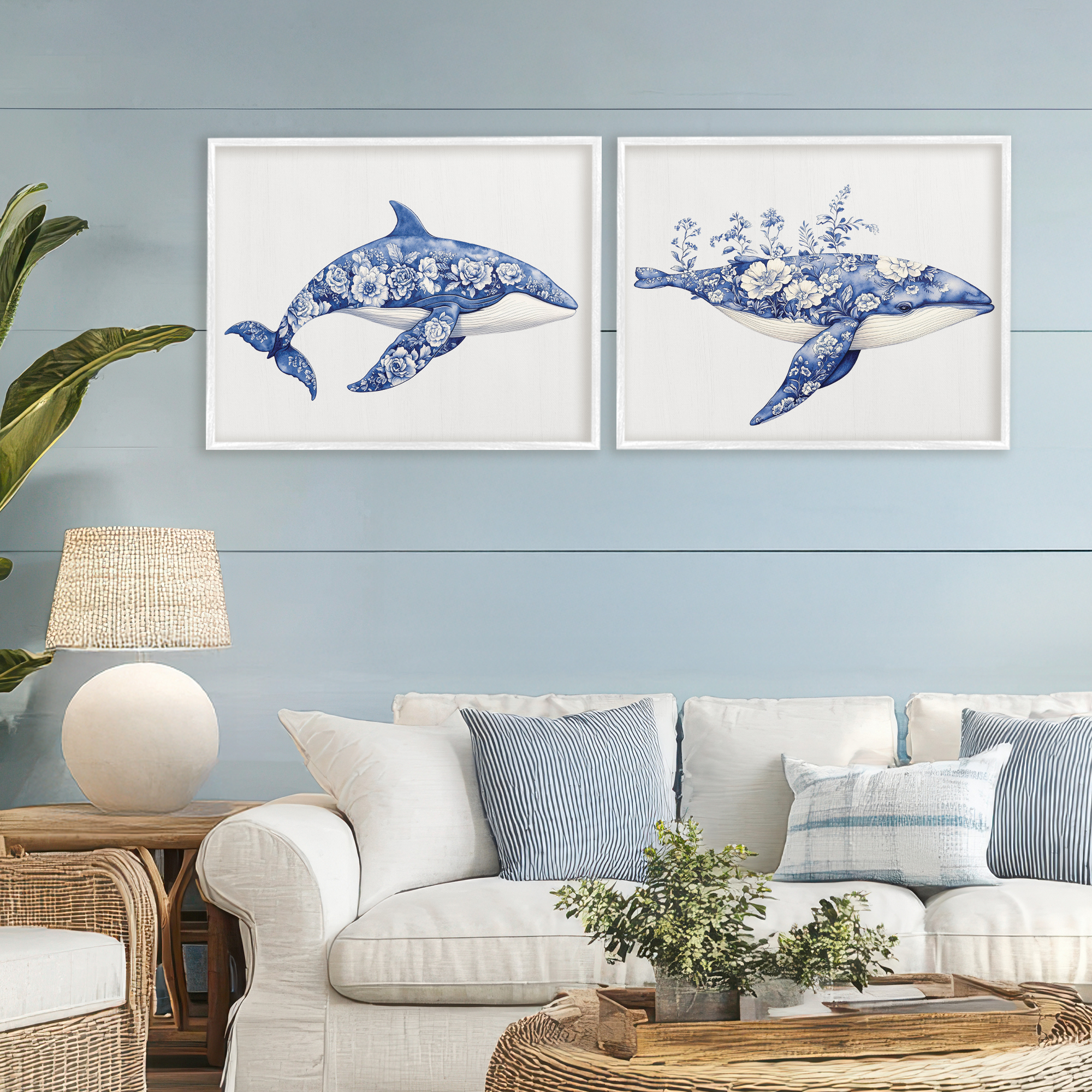 Blooming Toile Pattern Whales 2 Piece White Framed Giclee Art Set, design by Lettered and Lined