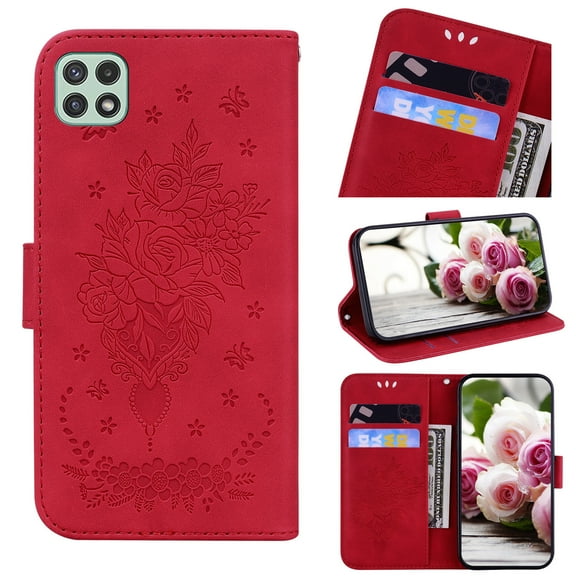For Samsung Galaxy A22 5G Wallet Case With Kickstand Magnetic Full Body Embossed Leather Shockproof Case Flip Stand Card Cash Pocket Wallet Protective Cover,Red