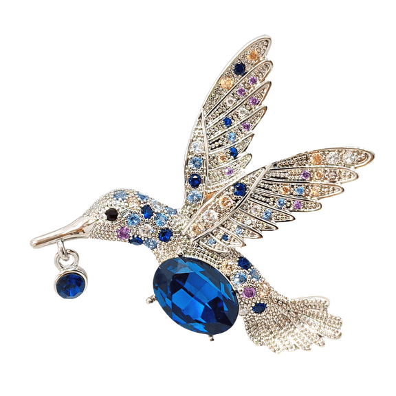 Hummingbird Blue, Multicolored Zircon Brooch, Silver-Toned