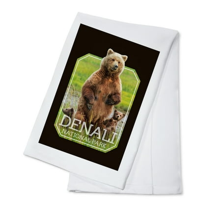 

Denali National Park Alaska Grizzly Bear and Cubs Contour (100% Cotton Tea Towel Decorative Hand Towel Kitchen and Home)