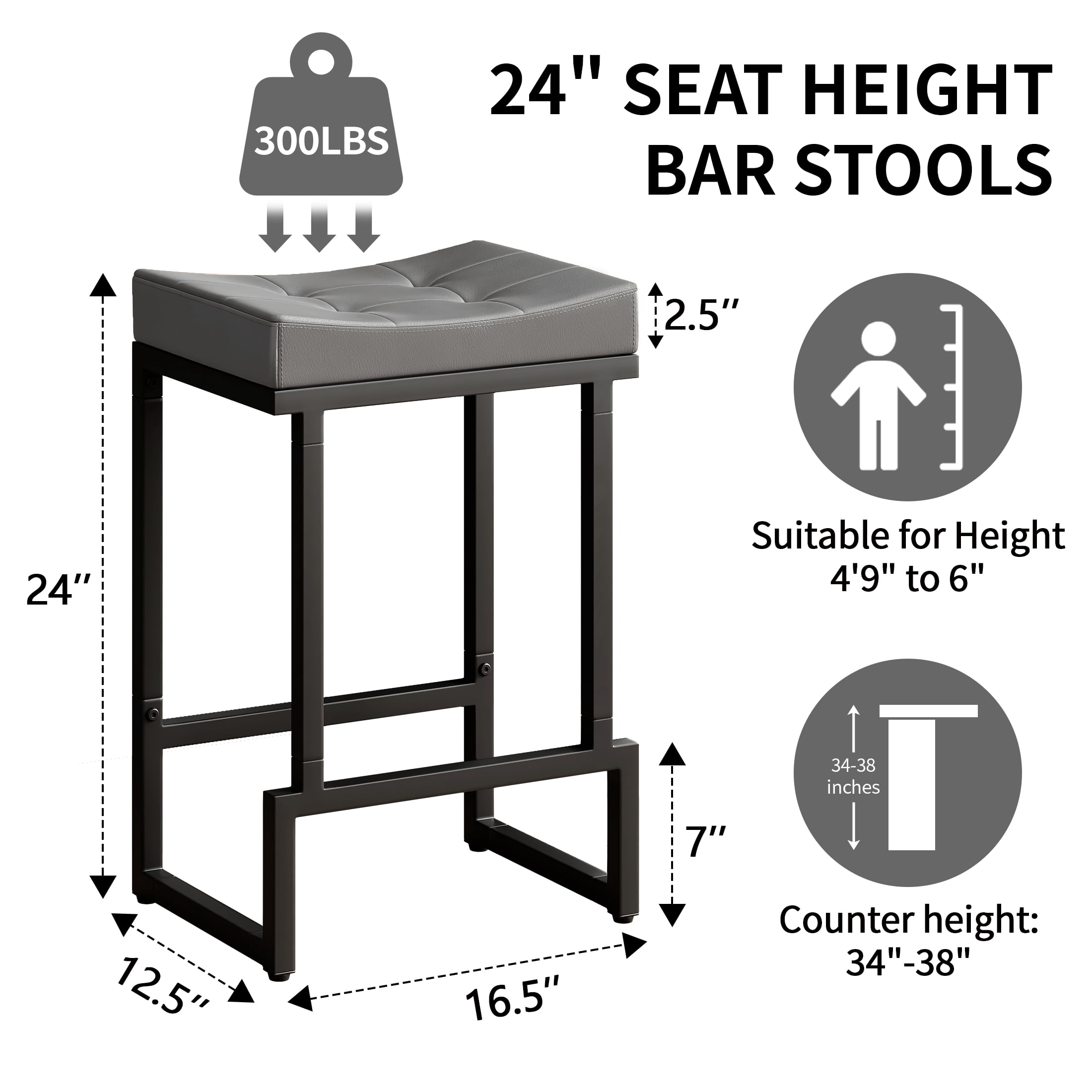 FIRAVOE Bar Stools Set of 2, 24" Counter Height Bar Stools (Backless) Faux Leather Saddle Counter Stools for Kitchen Island, Gray