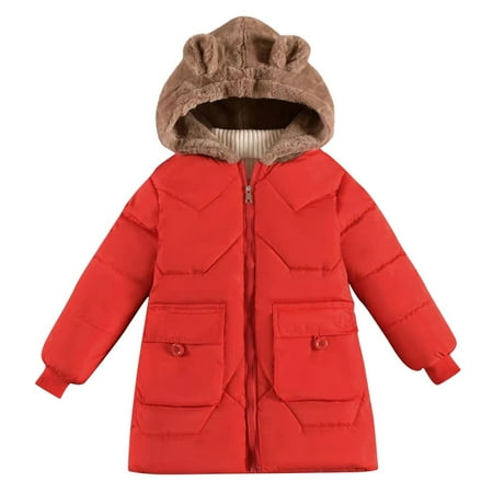 

Toddler Kids Girls Snow Jacket Full Zipper Warm Fuzzy Hooded Puffer Jacket with Solid Color Bear Ears Thermal Winter Parka Overcoat