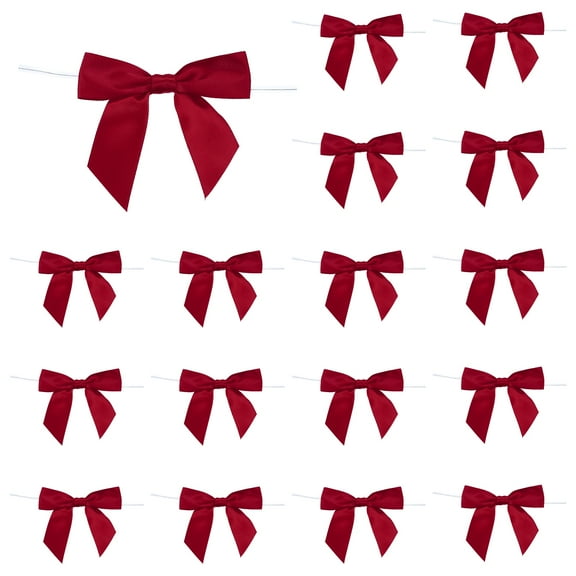 50 Pcs Pre-Tied Bows Satin Ribbon Bows 3.5" Twist Ties Gift Bows for Craft DIY Candy Bags Christmas Wedding Decor Party Treat Bags Wine Red