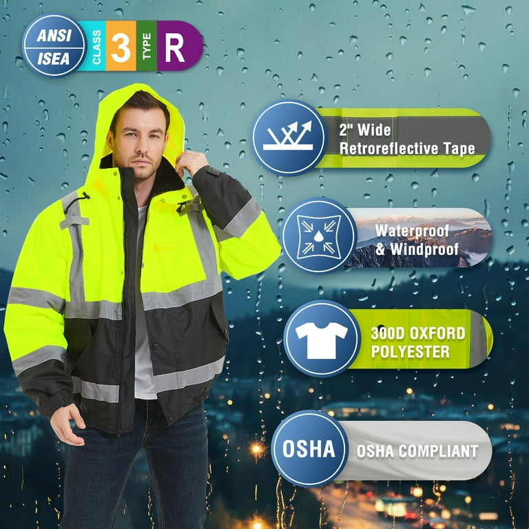 ProtectX Men's Hi Vis Safety Waterproof Jacket, Neon Green