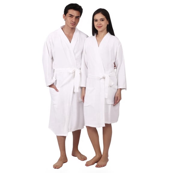 Feather Drape Women's Waffle 100% Cotton Bathrobe – Lightweight Spa Robe, Soft Breathable Loungewear, Kimono Style Belted Dressing Gown for Home, Hotel & Travel | Large | White