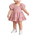 thumbnail image 3 of Fesfesfes Baby Toddler Girls Plaid Puff Sleeve Romper Dress with Bow Headband, Cute Summer Short Sleeve Onesie Bodysuit Outfit for Daily Wear Kids 0-18 Months Old., 3 of 8