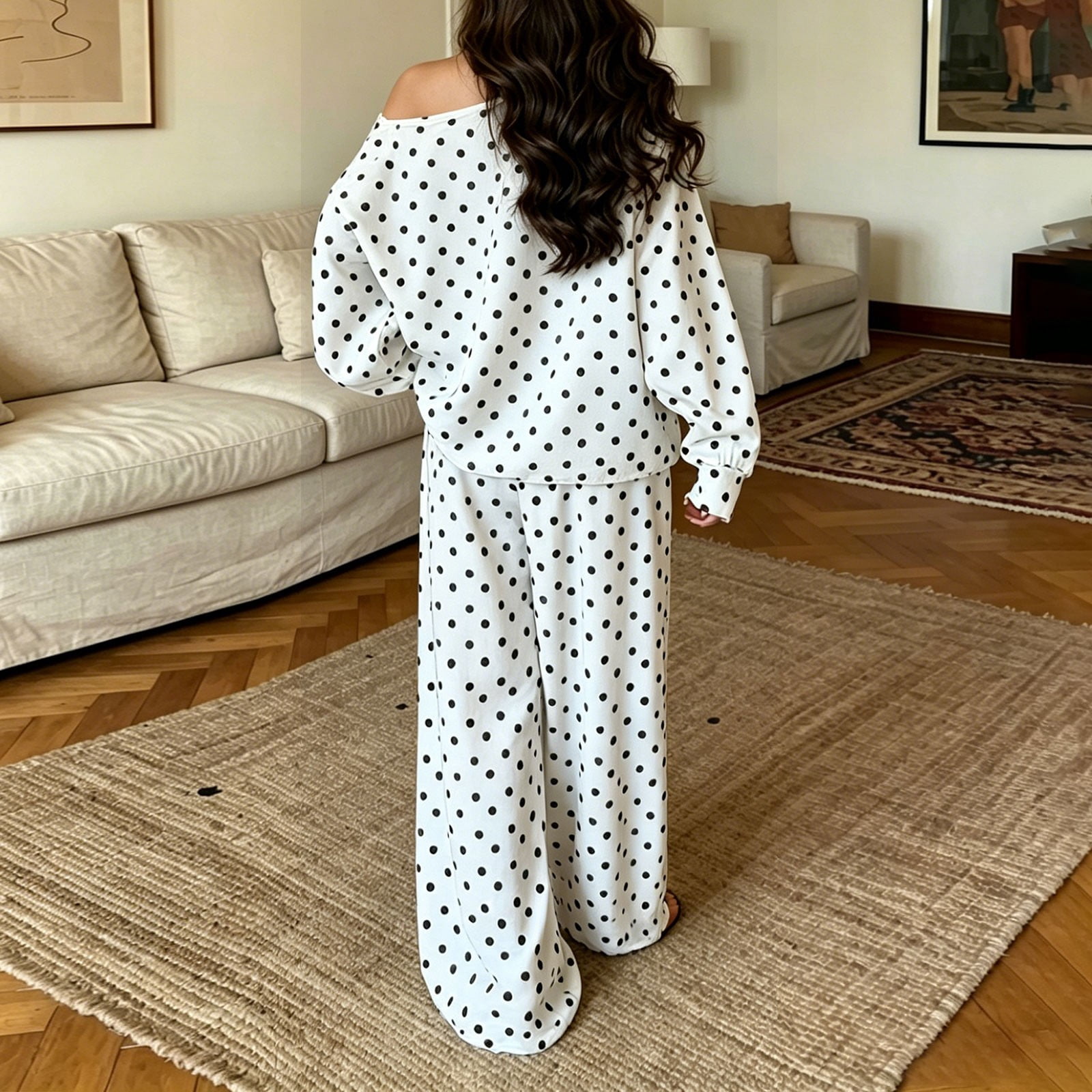 Women's Trendy Polka Dot Sweat Set 2 Piece Off Shoulder Long Sleeve Shirts Wide Leg Pants Oversized Elegant Sweatshirt with Sweatpants Fall Winter Office Travel Outfit, White S