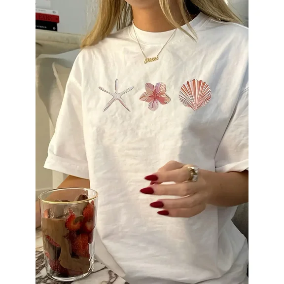 Women's Graphic T-Shirt with Starfish & Shell Print, Casual Slim Fit Short Sleeve Round Neck Ocean Life Top for Summer Beach