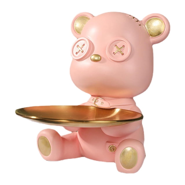 Bandeja de almacenamiento de oso de resina, estatua, bandeja para dulces, joyas, decoración de escritorio, coleccionable Rosado