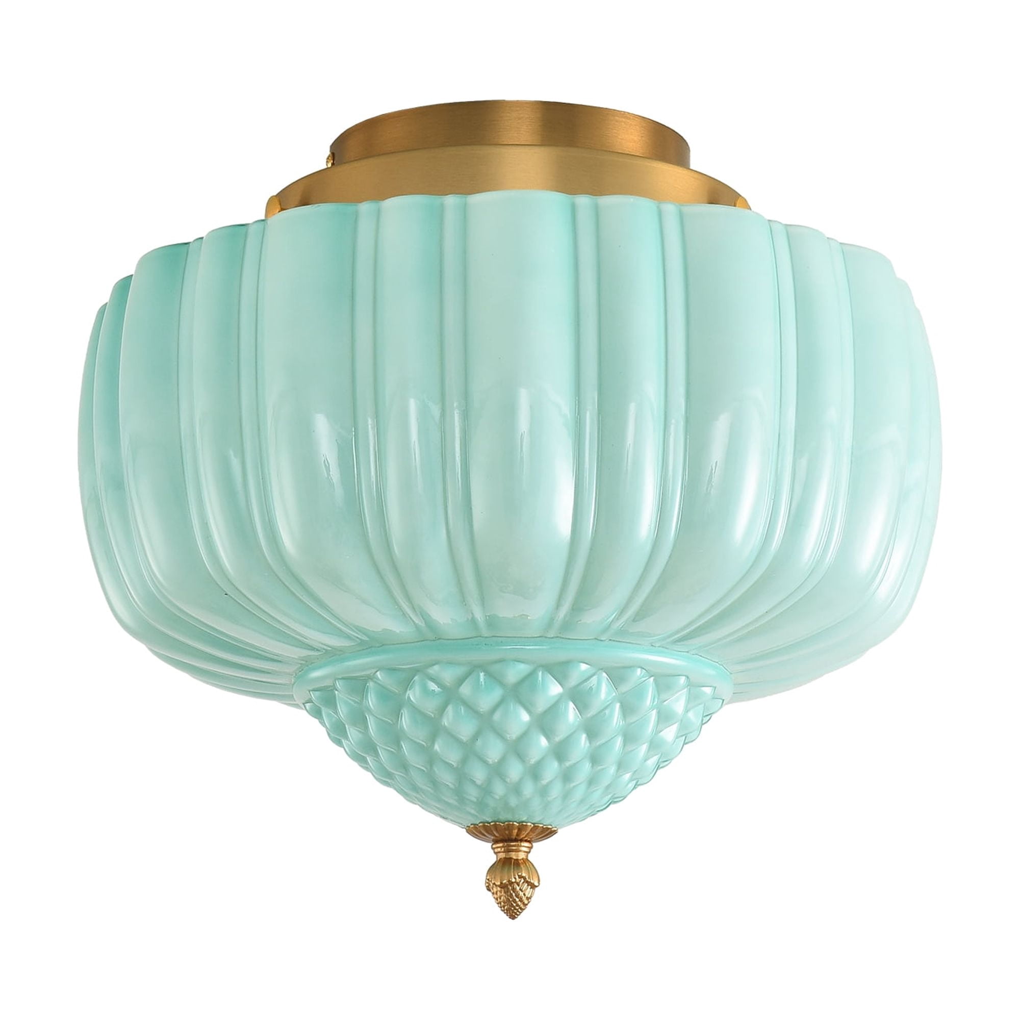 Parrot Uncle 14" Schoolhouse Flush Mount Ceiling Light, Mint Fluted Glass & Gold Base, 3-Light Vintage Close-to-Ceiling Fixture for Low Ceilings, Hallway, Kitchen & Bedroom
